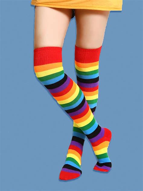 high knee socks with stripes|More.